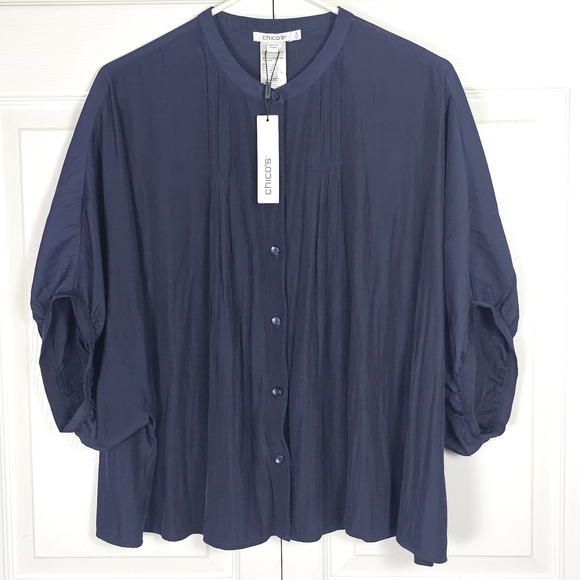 Chico's Tops - Chicos Dolman Sleeve Pleated Shirt Navy Blue Button Front 2(12) Plus Curvy Flowy